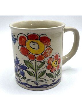 Westwood Ceramic Mug Floral Doodle Design Japan Yellow Red Blue Flowers 12 Oz Ha